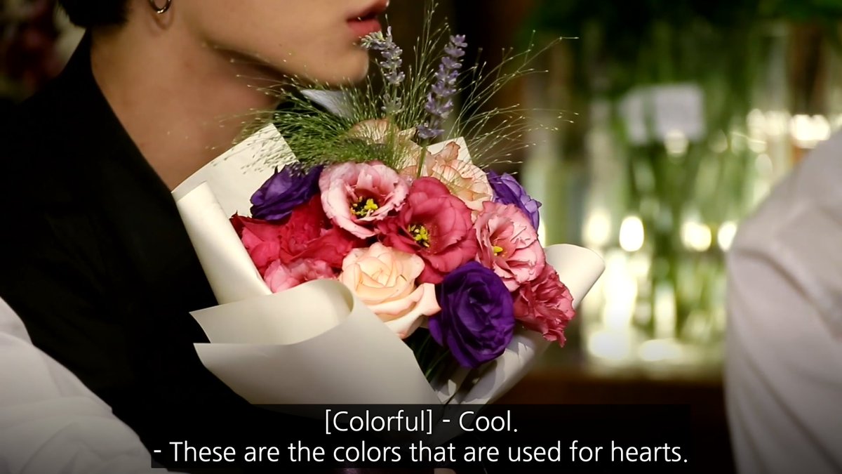 jungkook's bouquet- bi pride flag colours? "various loves"? inch resting - what is with this boy and eustomas- THERE ARE OTHER FLOWERS JEON JUNGKOOK- good shape for a bridal bouquet- minus the lilac and that oNE PIECE OF GREEN20/10 bi bouquet. a biquet™