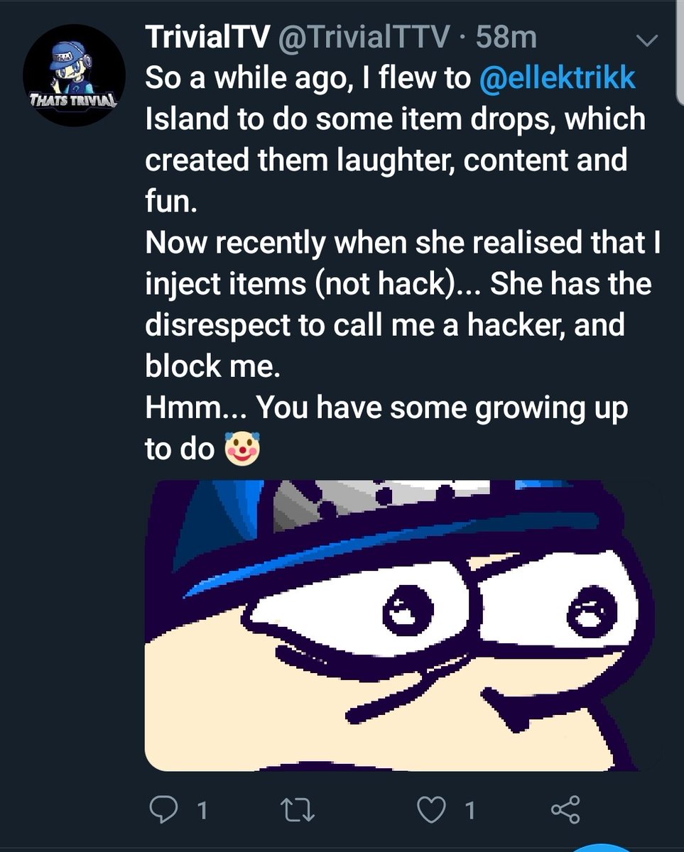 So i blocked him.Then he came into MY STREAM while i was live saying rhe same thing taking the high and mighty route.So i blocked him again. Which he promptly tweeted this after.Injecting items code whatever into a game is hacking. On a hacked switch. 5/5