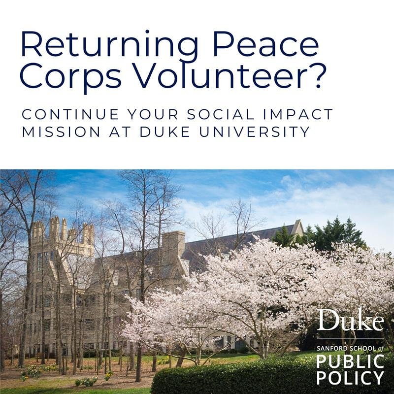 DukeDCID's tweet photo. Both the MIDP and MPP programs are offering an extended deadline and a 50% tuition scholarship for Peace Corps volunteers who were recalled because of COVID-19. #RCPV #peacecorps #scholarship #gradschool https://t.co/r336cfNuTo