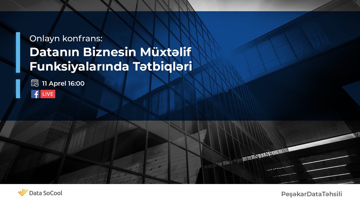 Əziz data sevərlər!
Beynəlxalq və yerli təcrübəyə malik ekspertlərin iştirakı ilə olacaq “Datanın Biznesin Müxtəlif Funksiyalarında Tətbiqləri” mövzusunda Onlayn Konfransa hər birinizi dəvət edirik!
Ətraflı:
facebook.com/events/3046088…