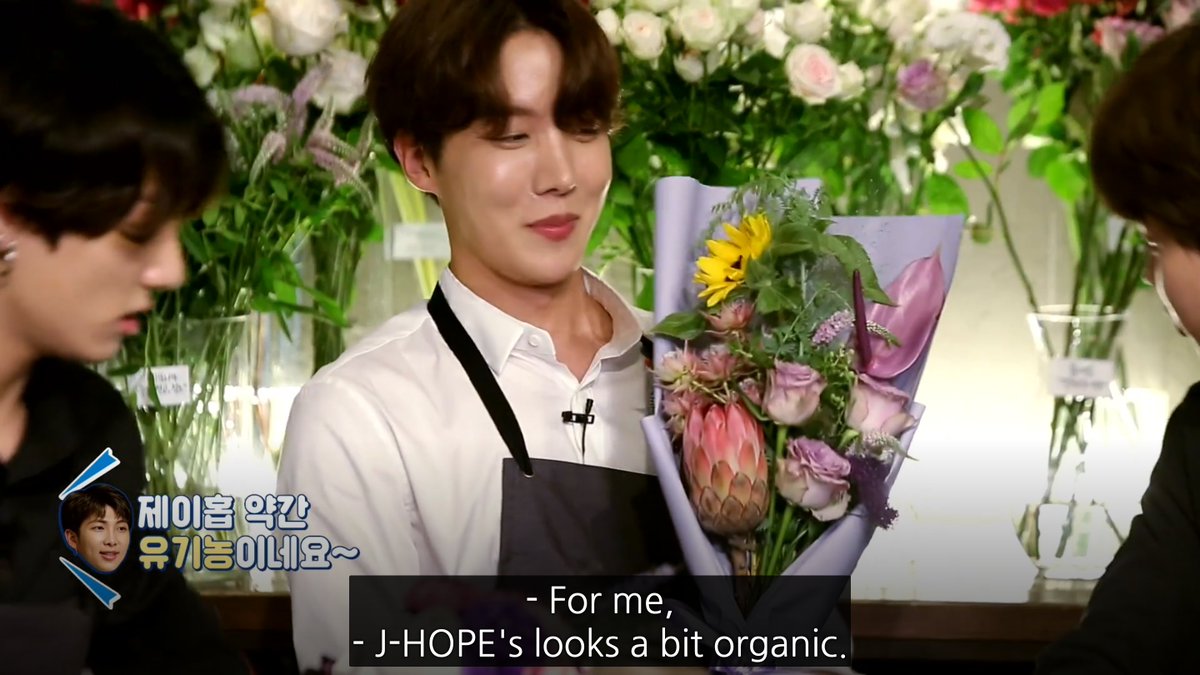 j-hope's bouquet- "it'll be sold at the grocery shop" asdfg yOONGI the floristry shade- we appreciate sunflowers in this household- even tho nothing's connecting the yellow n purple oop- trendy look- he used a ziP TIE to tie it - it's a bouquet not a hostage6/10 he tried