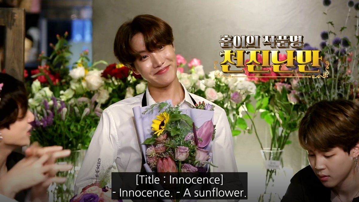 j-hope's bouquet- "it'll be sold at the grocery shop" asdfg yOONGI the floristry shade- we appreciate sunflowers in this household- even tho nothing's connecting the yellow n purple oop- trendy look- he used a ziP TIE to tie it - it's a bouquet not a hostage6/10 he tried