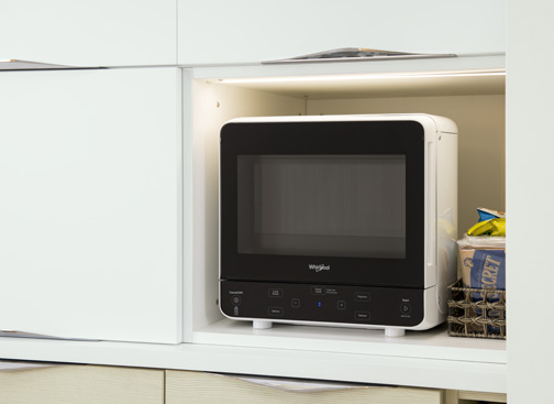 WellbornCabinet's tweet image. A6 - In our #KBIS2020 booth showcased a master luxe suite which had a concealed fridge and countertop oven, allowing for quick breakfasts to be prepared while starting your morning routine. #kbtribechat