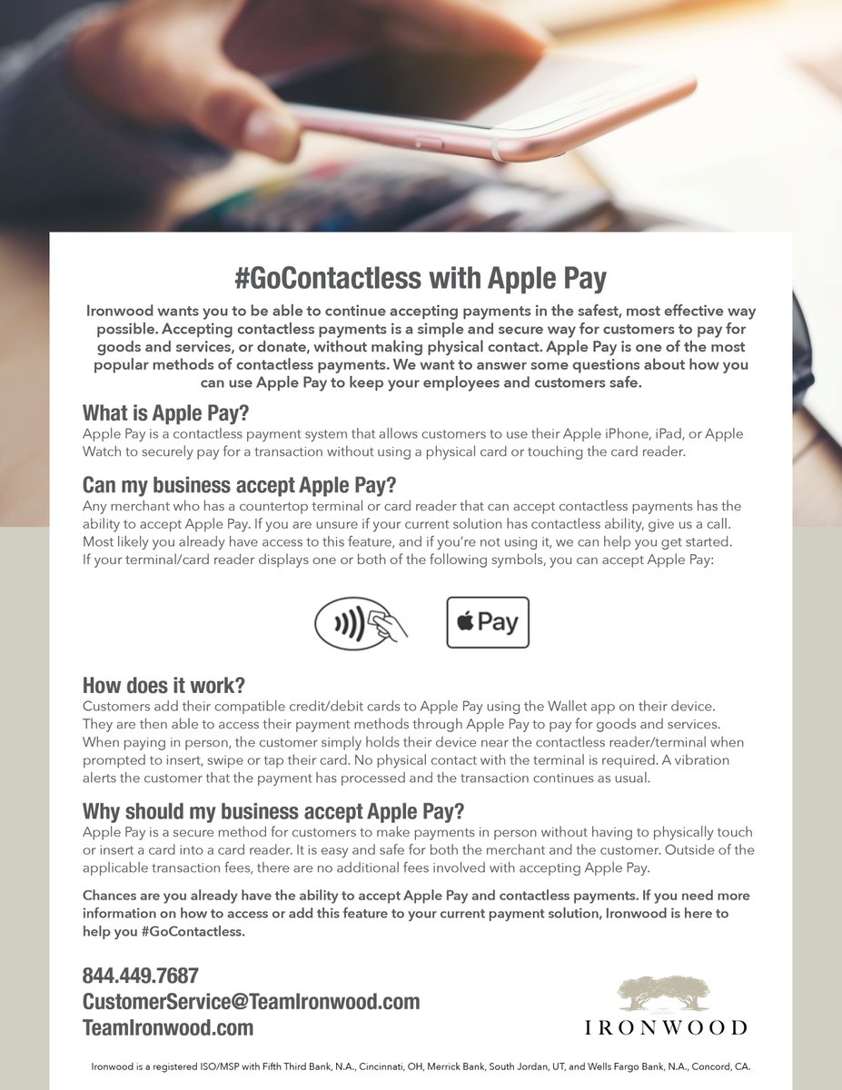IWPMTS's tweet photo. Accepting contactless payments is a simple and secure way for customers to pay for goods and services, or donate, without making physical contact. Learn more about accepting Apple Pay to keep your employees and customers safe. #GoContactless https://t.co/oUkobqcJnT https://t.co/ghgInNSX45
