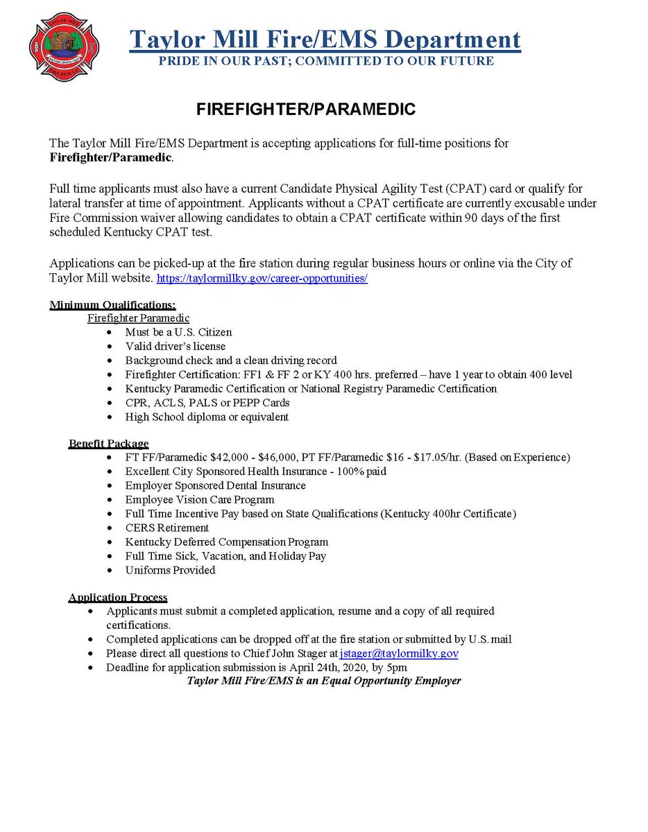 tmfireky's tweet image. Taylor Mill Fire/EMS is looking for quality individuals to join our team