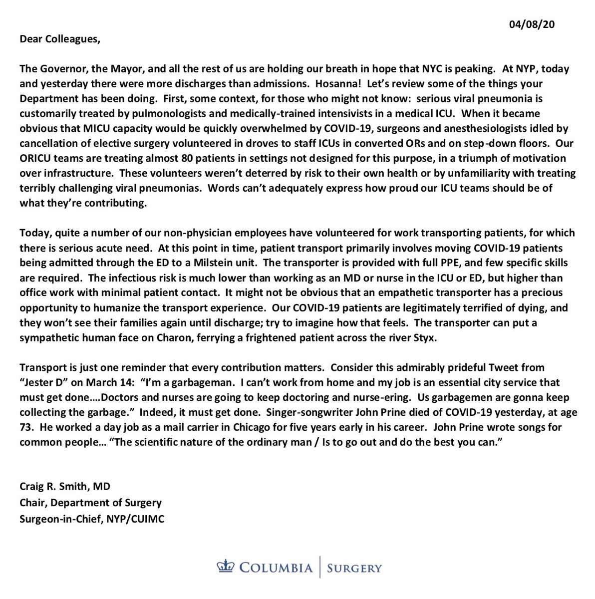 COVID-19 Update: Wednesday, 4/8/20Latest missive from Dr. Craig Smith on the  #COVID19 crisis:  https://columbiasurgery.org/news/covid-19-update-dr-smith-4820