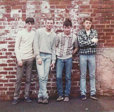 Happy Mondays before Bez. Photo from 1983. Left to right; Gaz Whelan, Mark Day, Paul Davis, Shaun Ryder. Photo from @MDMArchive
