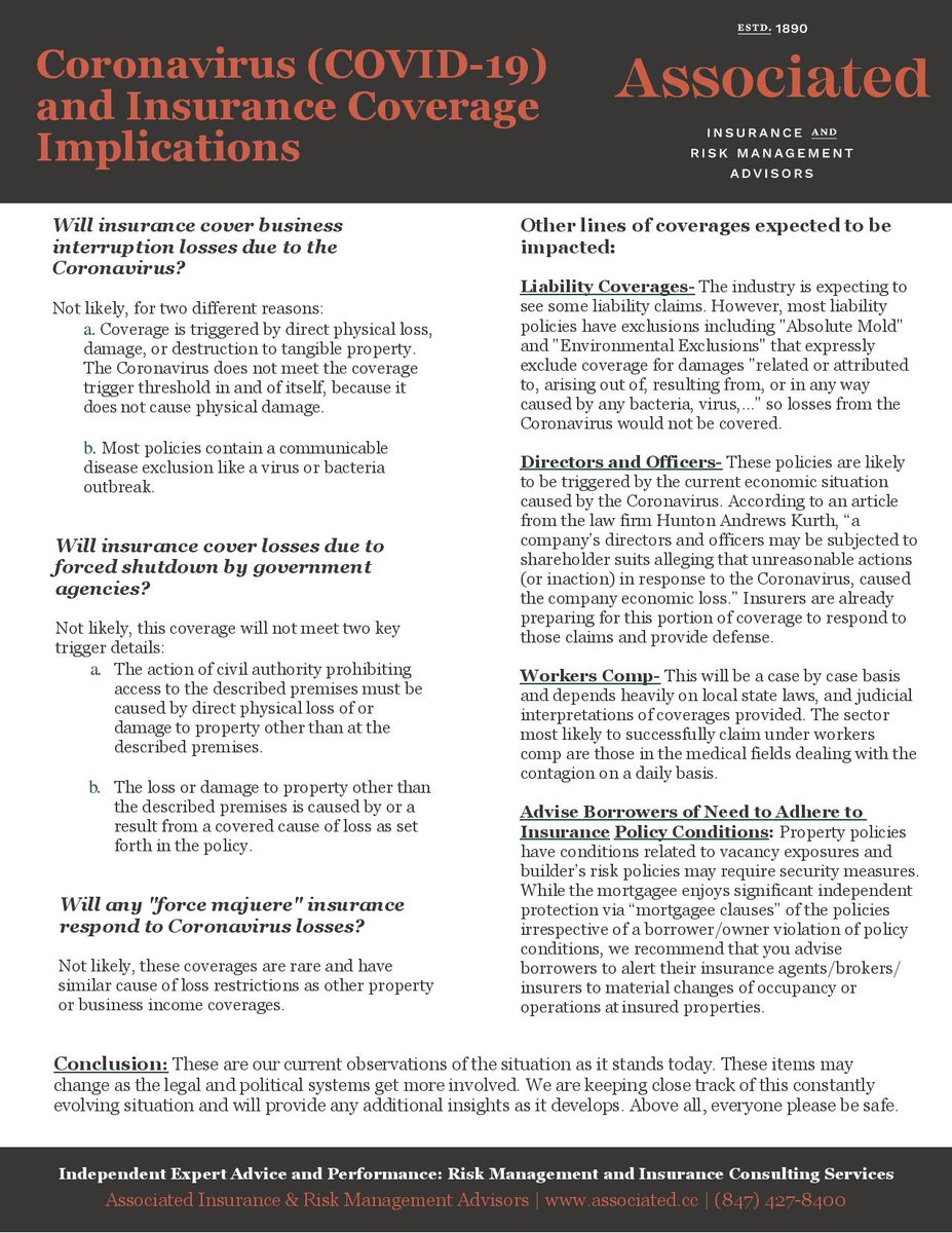 We have been receiving many questions from business owners about if they have coverage for losses due to COVID-19. The most common questions are answered on this reference document.

#insurance #riskmanagement #COVID19