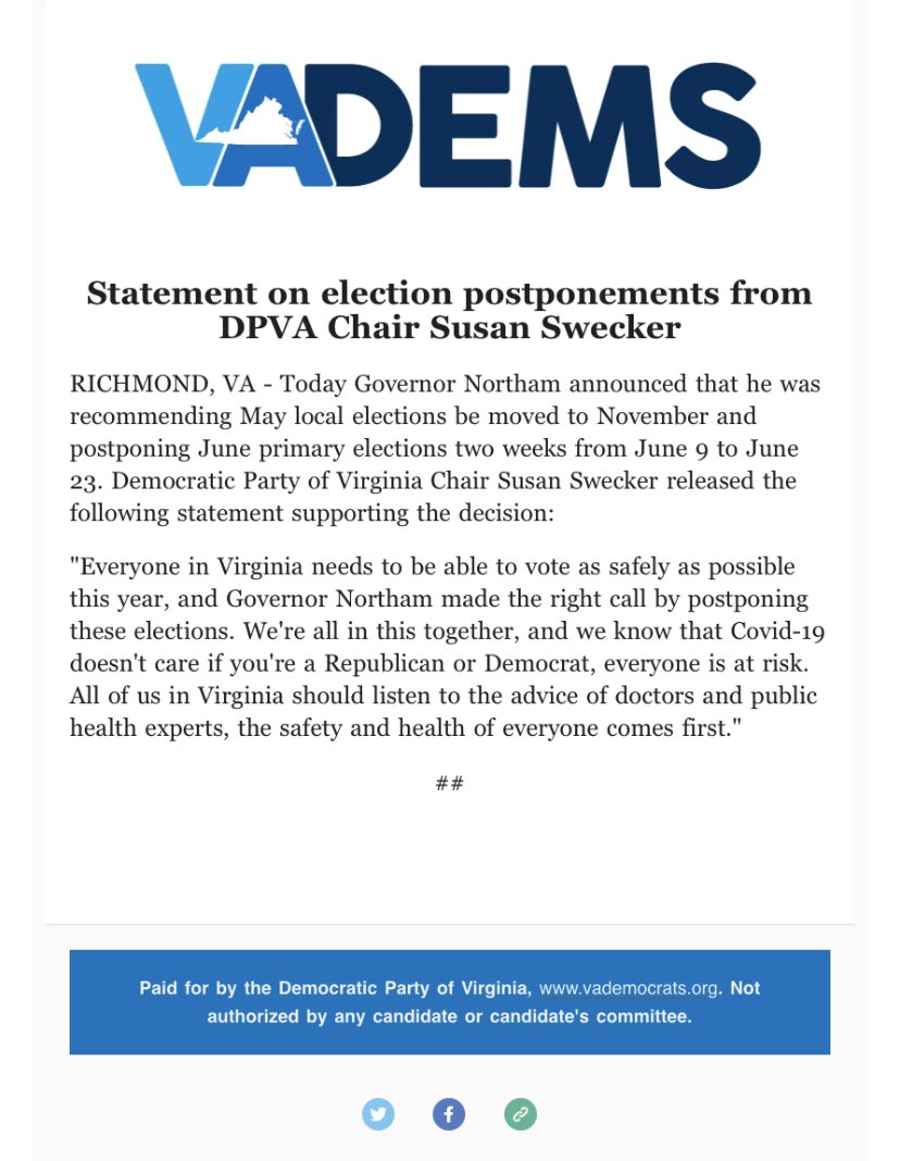 AndrewWhitleyVA's tweet photo. “Governor Northam made the right call by postponing these elections. COVID-19 doesn’t care if you’re a Republican or a Democrat, everyone is at risk.” - @SusanRSwecker https://t.co/lik8RT5qtX