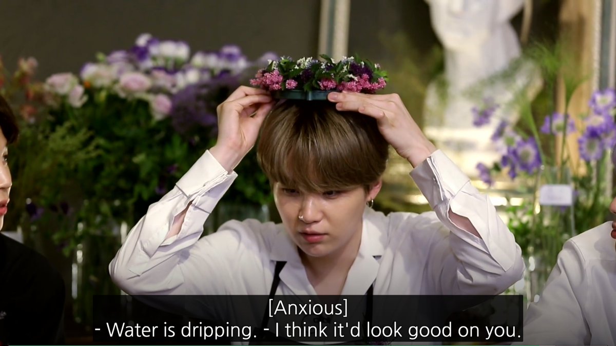 suga's wreath- progress for someone who didn't know what a wreath was- the symmetrical placement of flowers would make my teachers cry- good colours- u can see the foam MIN YOONGI 1000 YEARS OF FLORIST JAIL- good hole/material ratio (shut up)8/10 it cute