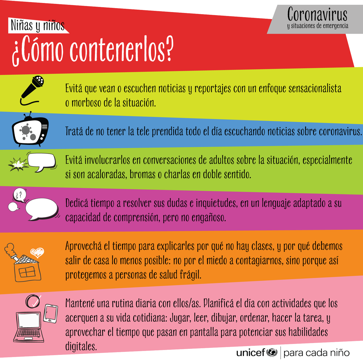 UNICEFargentina's tweet photo. Los niños y niñas necesitan contención emocional en estos tiempos ❤️.

Te compartimos algunos consejos para acompañarlos👇

#Coronavirus #COVID19 https://t.co/y8FDvw8PAf