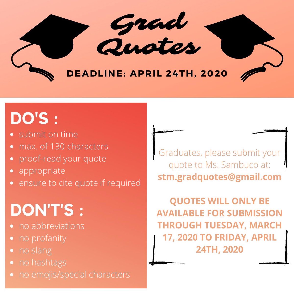 Knights Council (@stmknights) on Twitter photo Calling all GRADUATING Knights! You are able to submit GRAD QUOTES to Ms. Sambuco to the link below! Pls make sure to read the doβs & dontβs in order for your quote to make the cut! The deadline is APRIL 24TH so get your quotes in ASAP Knights!ππ©π½βππ¨π»βπ forms.office.com/Pages/Responseβ¦ Calling all GRADUATING Knights! You are able to submit GRAD QUOTES to Ms. Sambuco to the link below! Pls make sure to read the doβs & dontβs in order for your quote to make the cut! The deadline is APRIL 24TH so get your quotes in ASAP Knights!ππ©π½βππ¨π»βπ forms.office.com/Pages/Responseβ¦