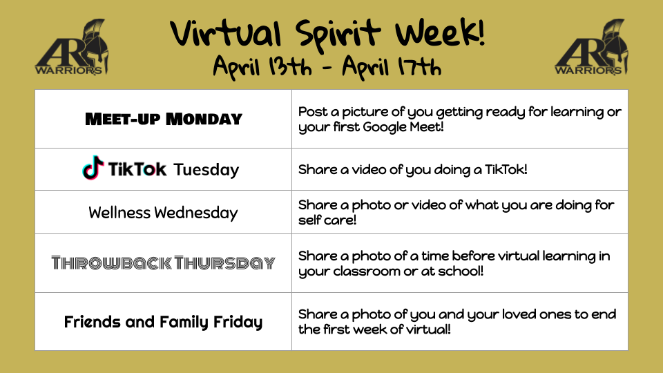 ARHouseCouncil's tweet photo. Happy #WarriorWednesday, @AlstonRidgeMS !  

Remote learning kicks off next week along with our Virtual #WarriorWeek.  Join us starting April 13th to show off your ARMS Warrior Spirit as we go #RemoteAtTheRidge !

#WeARWarriors  #StrengthInARMS 

❤️💙💛💚 https://t.co/4HmTNi98Rj