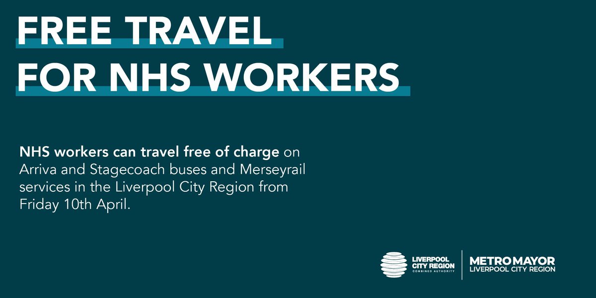 From Friday, all <a href="/NHSuk/">NHS</a> staff can travel free of charge on <a href="/LpoolCityRegion/">Liverpool City Region</a> buses and <a href="/merseyrail/">Merseyrail</a> services. - via <a href="/MetroMayorSteve/">Steve Rotheram</a> 

Learn more: buff.ly/2JSZpgM