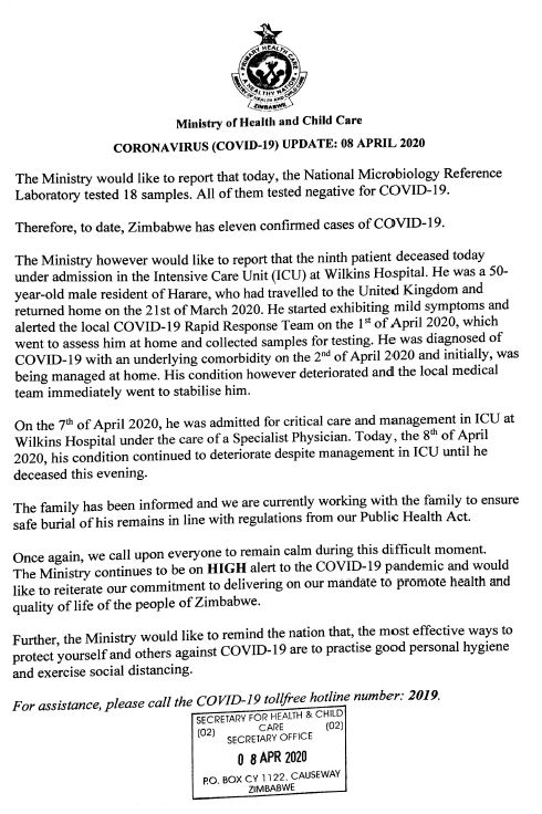 kubatana's tweet image. .@MoHCCZim reports a third Coronavirus patient died in Zimbabwe today, a 50-year-old male at Wilkins Hospital in Harare. Of the 410 tests conducted so far, the country has recorded 11 positive #COVID19 cases and three deaths.