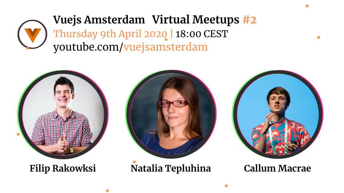 vuejsamsterdam's tweet photo. Time for #VuejsAmsterdam Virtual Meetp 2️⃣
▶️ Join us tomorrow at 18:00 CEST
Set a reminder via: https://t.co/PsilKtgaMW
1. Filip Rakowski on #CompositionAPI
2. Natalia Tepluhina speaking about #VueApollo.
3. Callum Macrae about #SVG & #Vue
#javascript https://t.co/mxtwkyGWmk