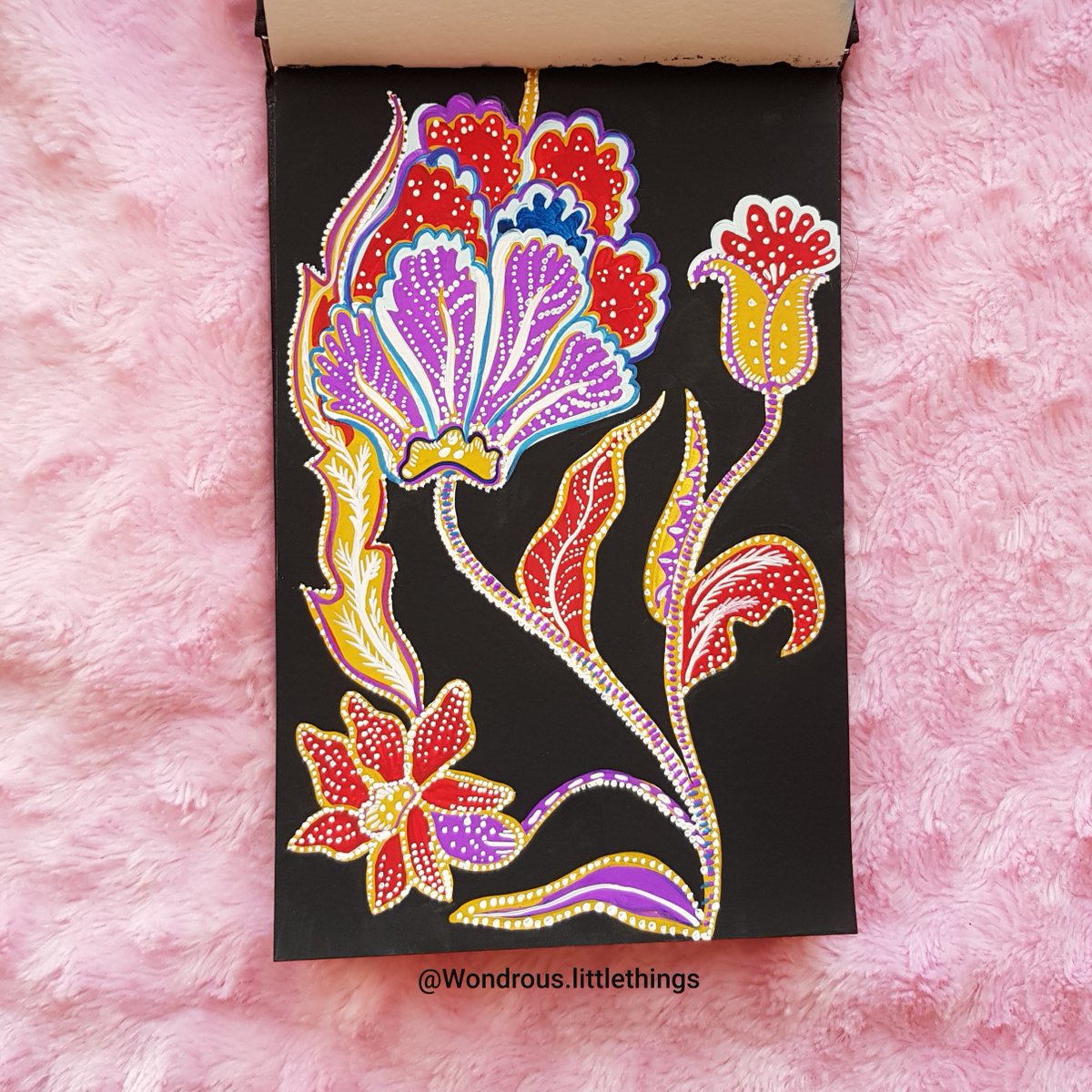 Inspired by Malaysian Batik 🌺
Learning🦋
•
#Batik #malaysianart #traditionalart #batikart #culturalart  #colorful #batikmalaysia #flowermotif #design #artanddesign #artwork #art #painting #gouache #experimentalart #detailedart #colortheory #gouacheonpaper #modernisedart