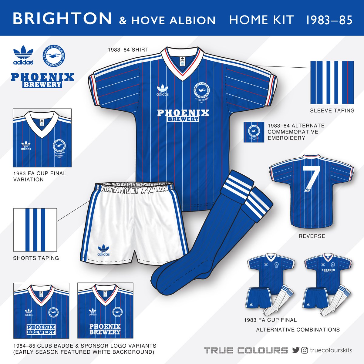 TrueColoursKits's tweet photo. An in-depth look at Brighton's 1983โ85 adidas home kit. Premiered in the 1983 FA Cup Final (minus v-neck & cuff trim) the shirt was updated in its 2nd season with a new sponsor logo & minus 1983 commemorative text. Thanks to @oldshirts
#brighton #adidas #seagulls #brightonkit https://t.co/aWobHtEqJl