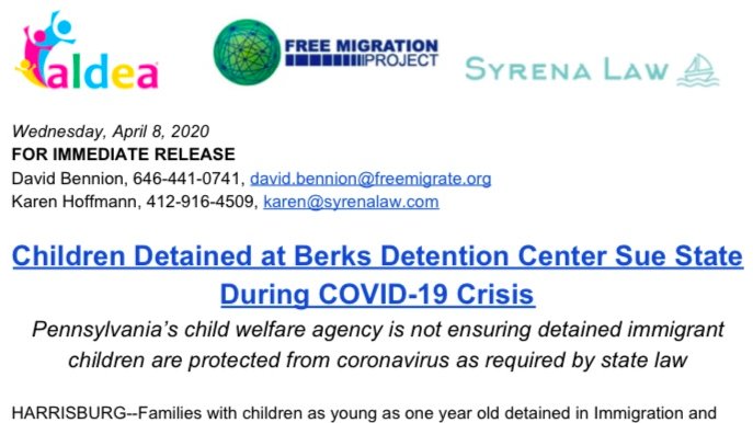 FOR IMMEDIATE RELEASE -Children detained at Berks sue the state during public health crisis for failing to take emergency action to protect them from COVID-19. Read full press release on our website:  https://bit.ly/2xZC0YF 