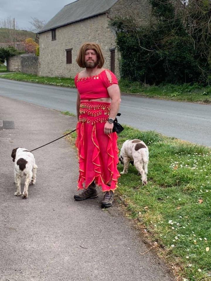 My mate has been dressing up everyday to cheer the neighbourhood up while he takes the dogs out 