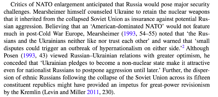 Interestingly, Mearsheimer and other realists did believe that Russia could become a major long-term threat to Ukraine. After all, he favoured Ukraine having its own nuclear weapons (link:  https://www.jstor.org/stable/20045622 ).