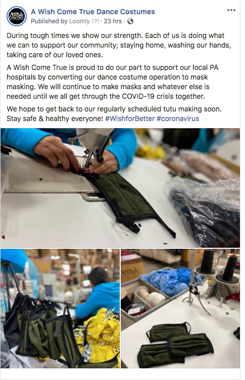 .<a href="/AWishComeTrue/">awishcometrue</a> is doing what they can to help their community during the COVID-19 pandemic! Normally they offer wonderful costumes for our dancers, but right now they have converted the tutus into masks. ❤️ #WishForBetter #AmericanManufacturing #InThisTogether