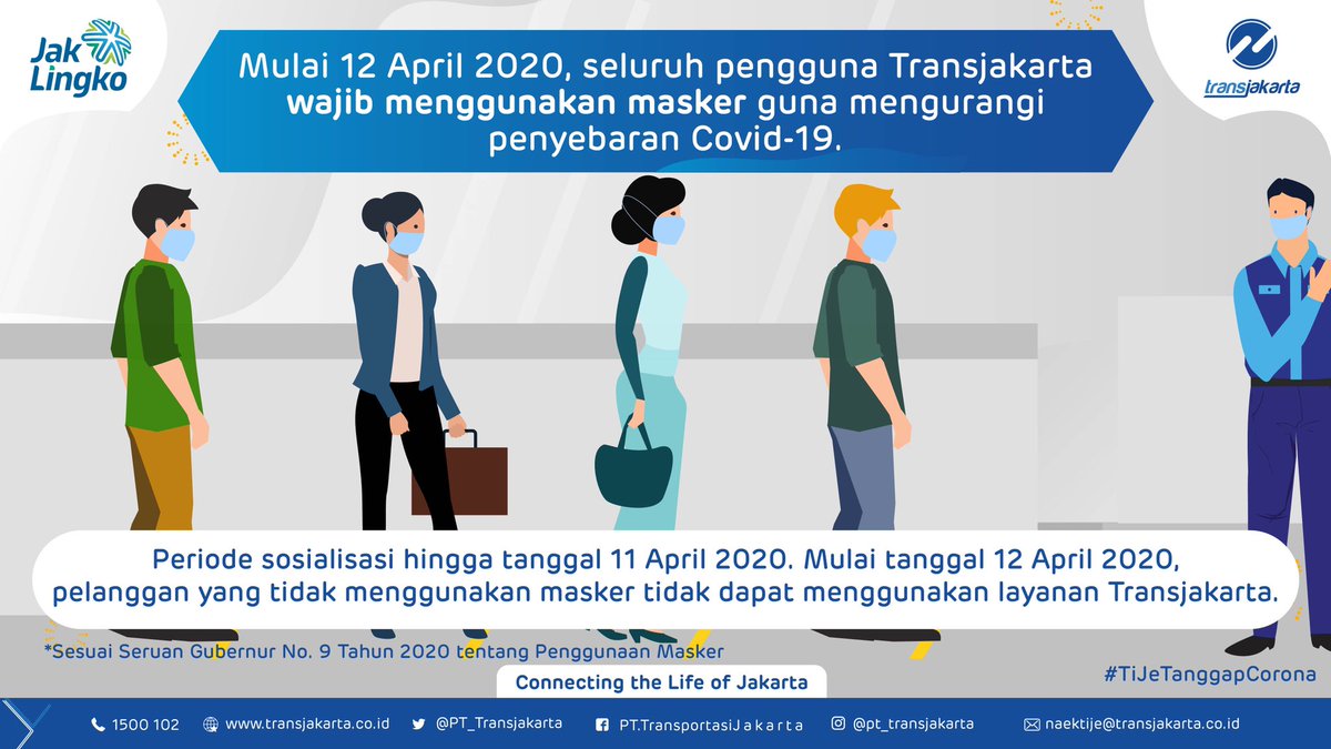 Dan mulai tanggal 12 April 2020, pelanggan yang tidak menggunakan masker, tidak dapat menggunakan layanan Transjakarta. Hal ini dilakukan karena mencegah penyebaran virus Covid-19 yang semakin meluas.