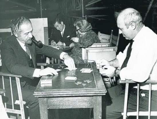 Classicbritcom's tweet photo. Sid James &amp; Bill Maynard relaxing during a break from filming 'Carry On Matron' you can also see Kenneth Williams &amp; Hattie Jacques in the background 🎥🎬🍿 https://t.co/QwWG2JhB7E