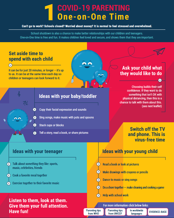 ROCKreachout's tweet photo. World Health Organization created six one-page tip sheets for parents/caregivers on the topics of One-on-One Time, Staying Positive, Creating a Daily Routine, Avoiding Bad Behaviour, Managing Stress, and Talking about COVID-19 Check them out here: https://t.co/7IJaSUN58Z https://t.co/EEd4Bjlm3l