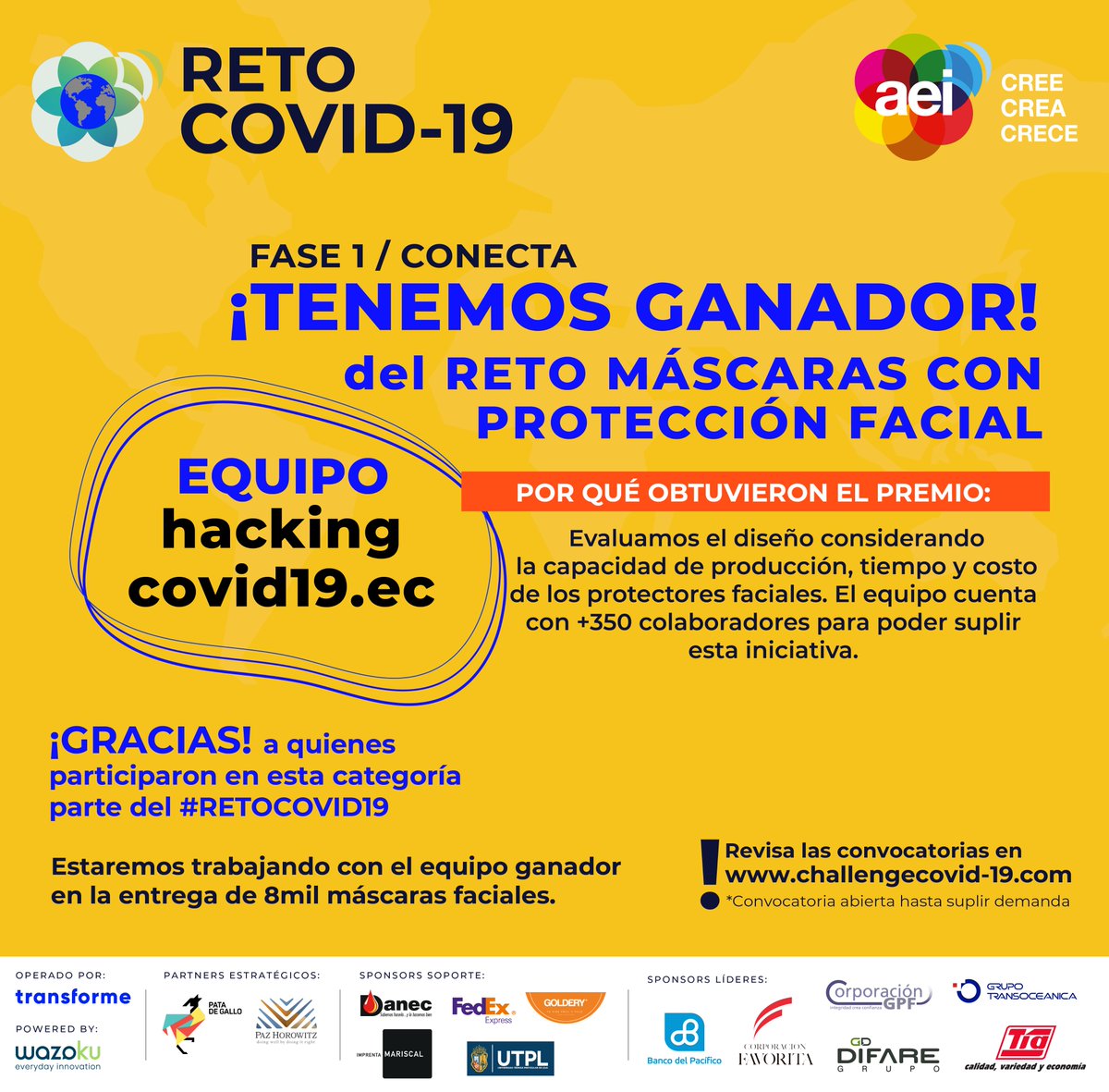 aeiecuador's tweet photo. #RetoCovid I✨#HackingCOVID19ec , es el ganador de la categoría Máscaras de protección facial en la fase 1 del reto. 👉Conócelos: https://t.co/hc81QGtjxa https://t.co/ubajowBLB5