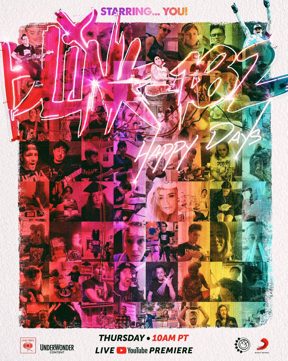 blink182's tweet photo. Happy Days video starring YOU premiering live on @YouTube tomorrow at 10am PST / 1pm EST. ❤️ https://t.co/atFH0Uqh87