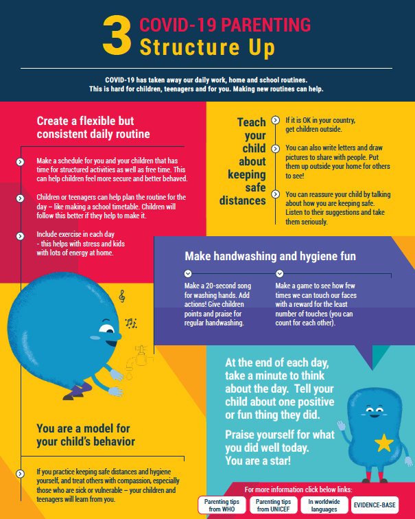 ROCKreachout's tweet photo. World Health Organization created six one-page tip sheets for parents/caregivers on the topics of One-on-One Time, Staying Positive, Creating a Daily Routine, Avoiding Bad Behaviour, Managing Stress, and Talking about COVID-19 Check them out here: https://t.co/7IJaSUN58Z https://t.co/EEd4Bjlm3l