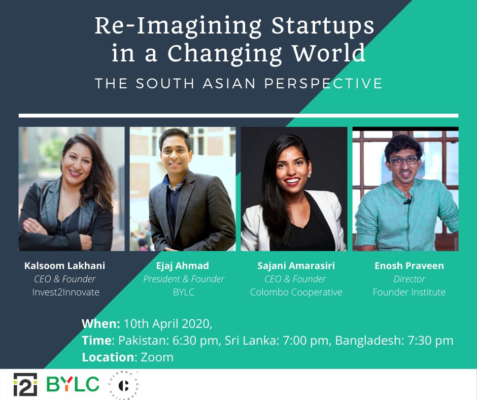 On Fri we’re cohosting a discussion w/ our desi friends in the region on our #startup ecosystems &amp; what #covid19 means for us.  Join me, <a href="/ejajahmad/">Ejaj Ahmad</a>  from <a href="/bylctweets/">BYLC</a>, <a href="/SajaniAmar/">Sajani Amarasiri</a> from Colombo Cooperative &amp; <a href="/EnoshPraveen/">Enosh Praveen</a> from FI. Link to register: bit.ly/2XhO7La