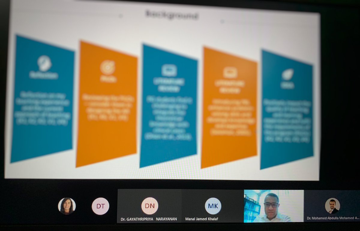 UOB_UTEL's tweet photo. Post Graduate Certificate in Academic Practice (PCAP) participants presenting their Action research progress virtually using Microsoft Teams. #uob #uob_utel #utel_pcap #uobedubh #action_research https://t.co/YpZQwJvCDL