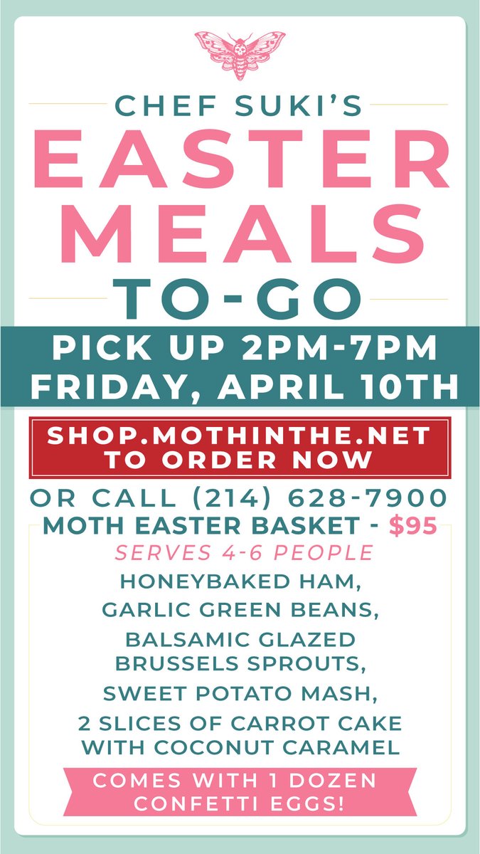 Easter To Go from Chef Suki and Meddlesome Moth. Buy online and pick it up Friday, April 10th. $95. Honeybaked Ham and all the sides. Feeds 4-6. Don't forget beer! Easy ordering and payment right here👇 #mothathome

shop.mothinthe.net