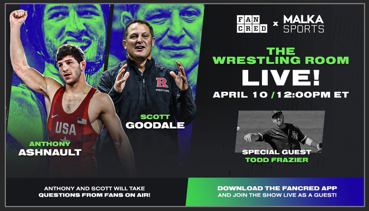 MalkaSports's tweet photo. Join @AnthonyAshnault &amp; @CoachGoodale in #TheWrestlingRoom this Friday at noon for a live chat with fans and special guest @FlavaFraz21! Come on air to ask a question live via the  @Fancred App or just watch the show here https://t.co/Ll7ez7aqg4 #MalkaSports https://t.co/na2umnXvoZ