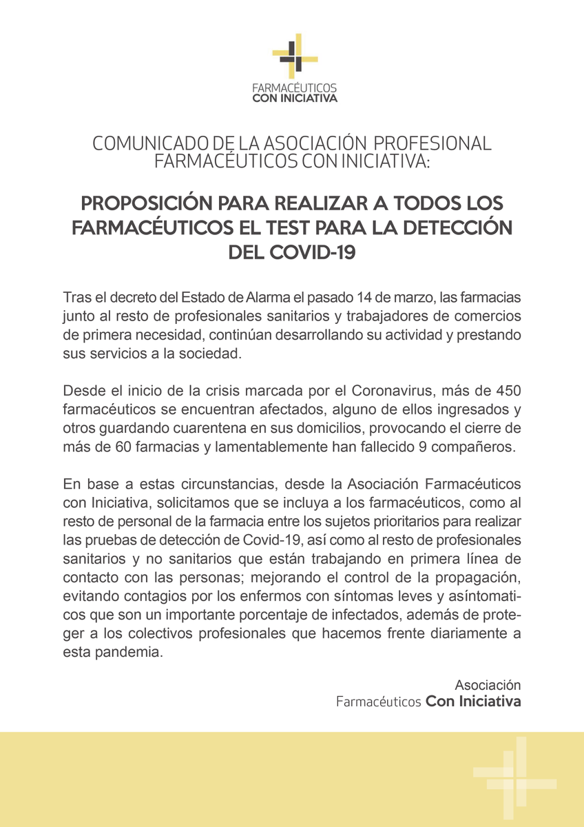 Ante la situación en la que la profesión farmacéutica se encuentra respecto al #COVID2019 , pedimos que se nos incluyan entre los sujetos prioritarios para la realización de las pruebas de detección del Coronavirus.

Somos #FarmacéuticosConIniciativa