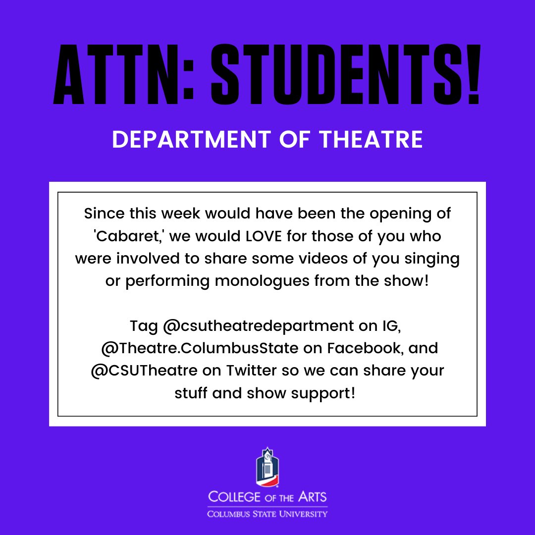 CSUTheatre's tweet photo. Attention, theatre students! Please share with us so we can continue to show how incredible our student performers are! https://t.co/G1OnqpPLfS