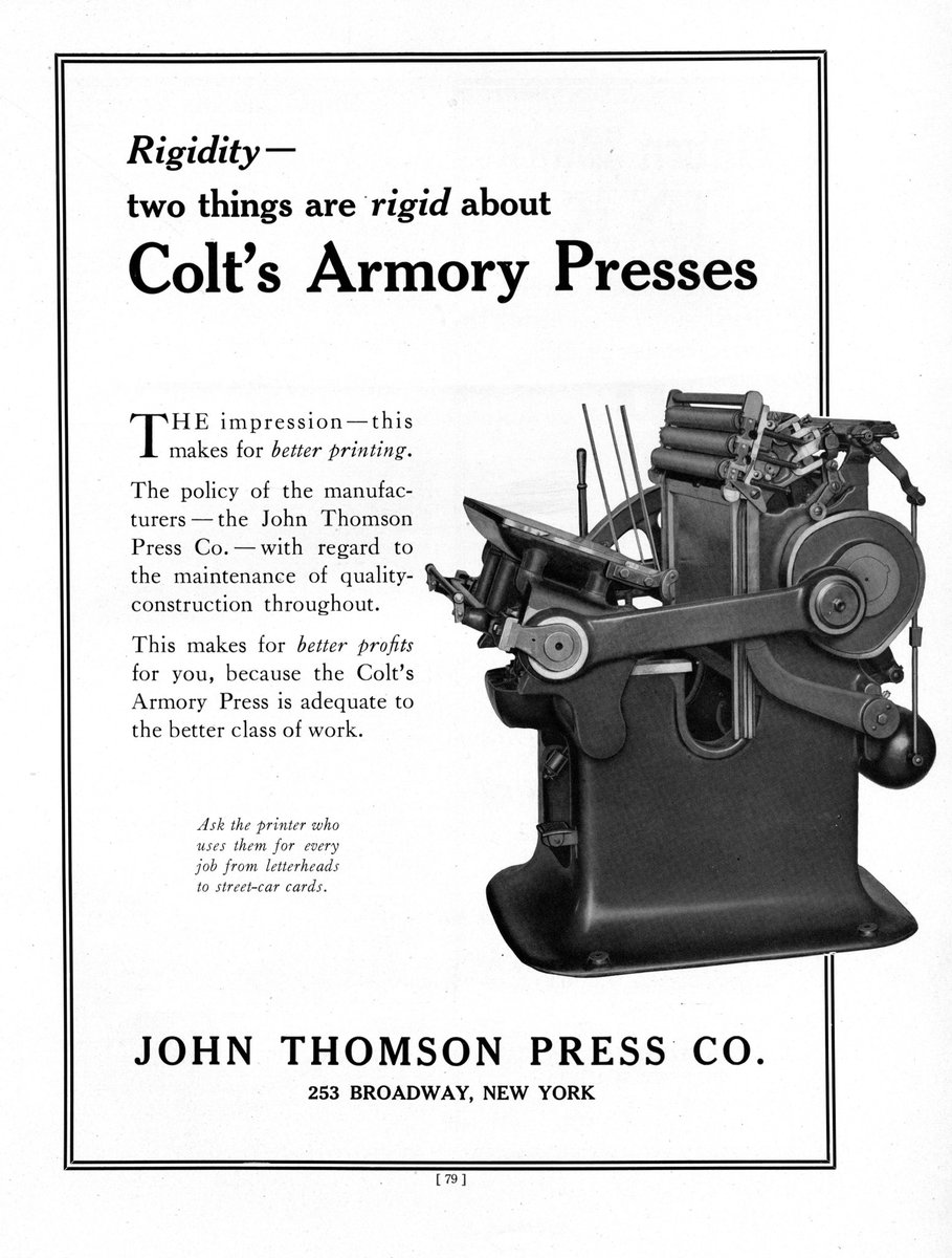 ArchivesHiw's tweet photo. Merritt Gally invented the revolutionary Universal #printing press, which was manufactured by Colt’s Armory with the same tools used to make their firearms. John Thomson would eventually take over production, but still kept the Colt’s name.
Inland Printer 1902
Printing Art 1920 https://t.co/0S1NGU2Ny2