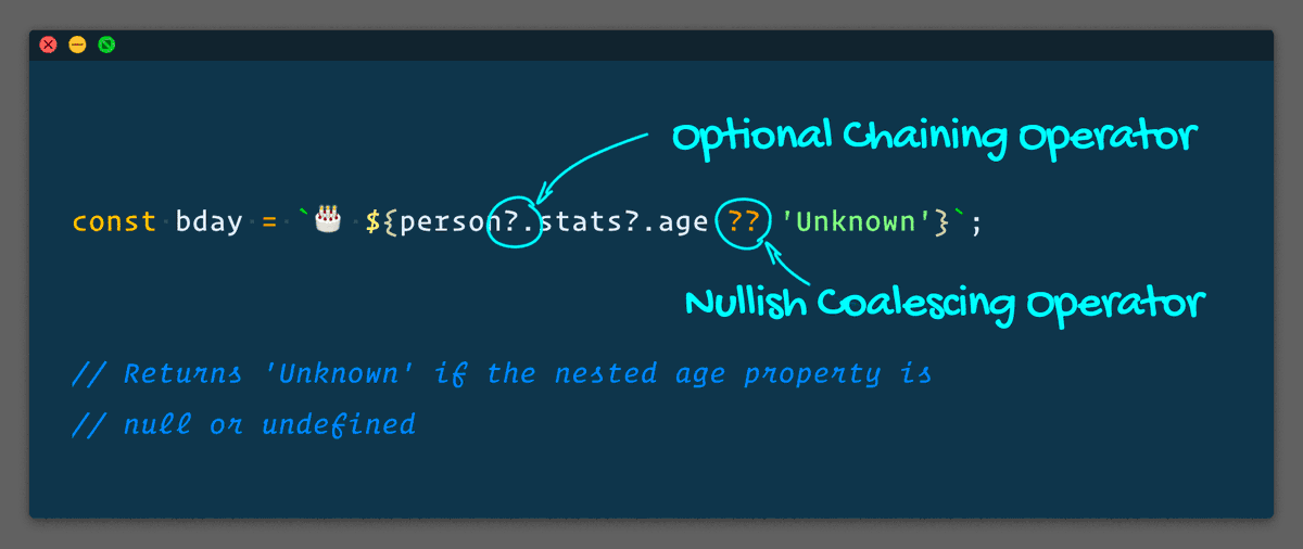 SteveAriss's tweet photo. Spent some time playing with the ES2020 Optional Chaining and Nullish Coalescing Operators. Descent way to default to something if a value is null/undefined.

DEMO🔗https://t.co/dVMc47vH2n https://t.co/hHdFr44EMX