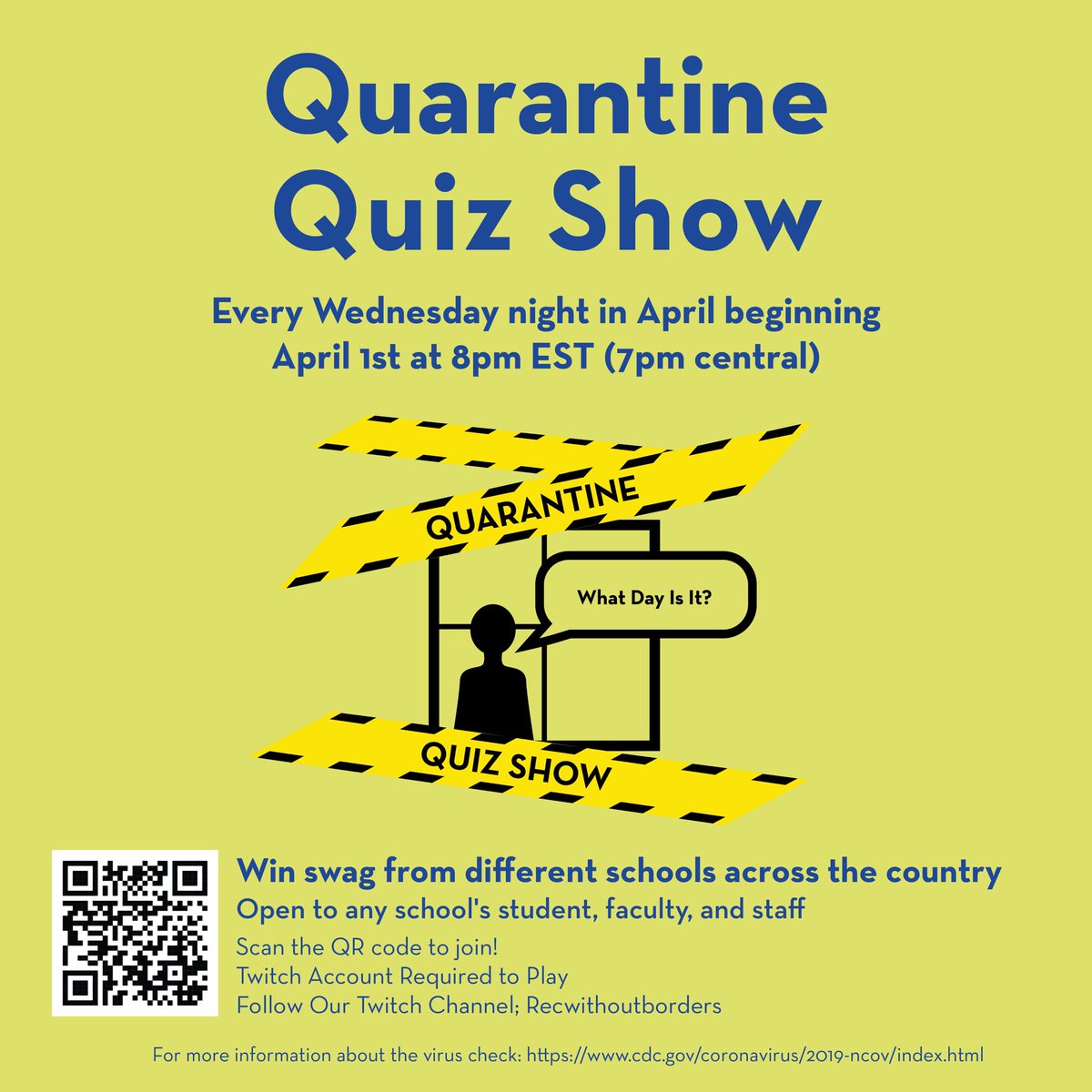 ElmsIntramurals's tweet photo. Think you can beat other students & staff across the country in some trivia?Test your knowledge every Wednesday night at 8pm with a chance to win some free swag! Participation is open to any school’s students, faculty & staff, all you need is a Twitch account #recwithoutborders https://t.co/OyntXhY6Ag
