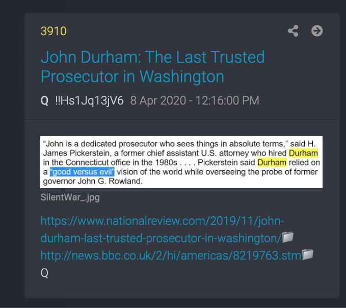 43.  #QAnon "Durham is tight-lipped as an understatement; he lets his courtroom arguments speak for him."  https://www.nationalreview.com/2019/11/john-durham-last-trusted-prosecutor-in-washington/  #Q