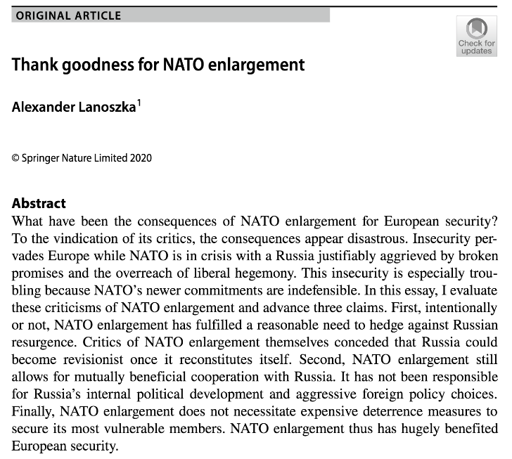 It may be strange in April 2020 to highlight how European security has exceeded initial post-Cold War expectations. Alas my new  @ip_palgrave essay argues that NATO enlargement has greatly benefited European security despite what many critics argue. THREAD.  https://rdcu.be/b3sse 