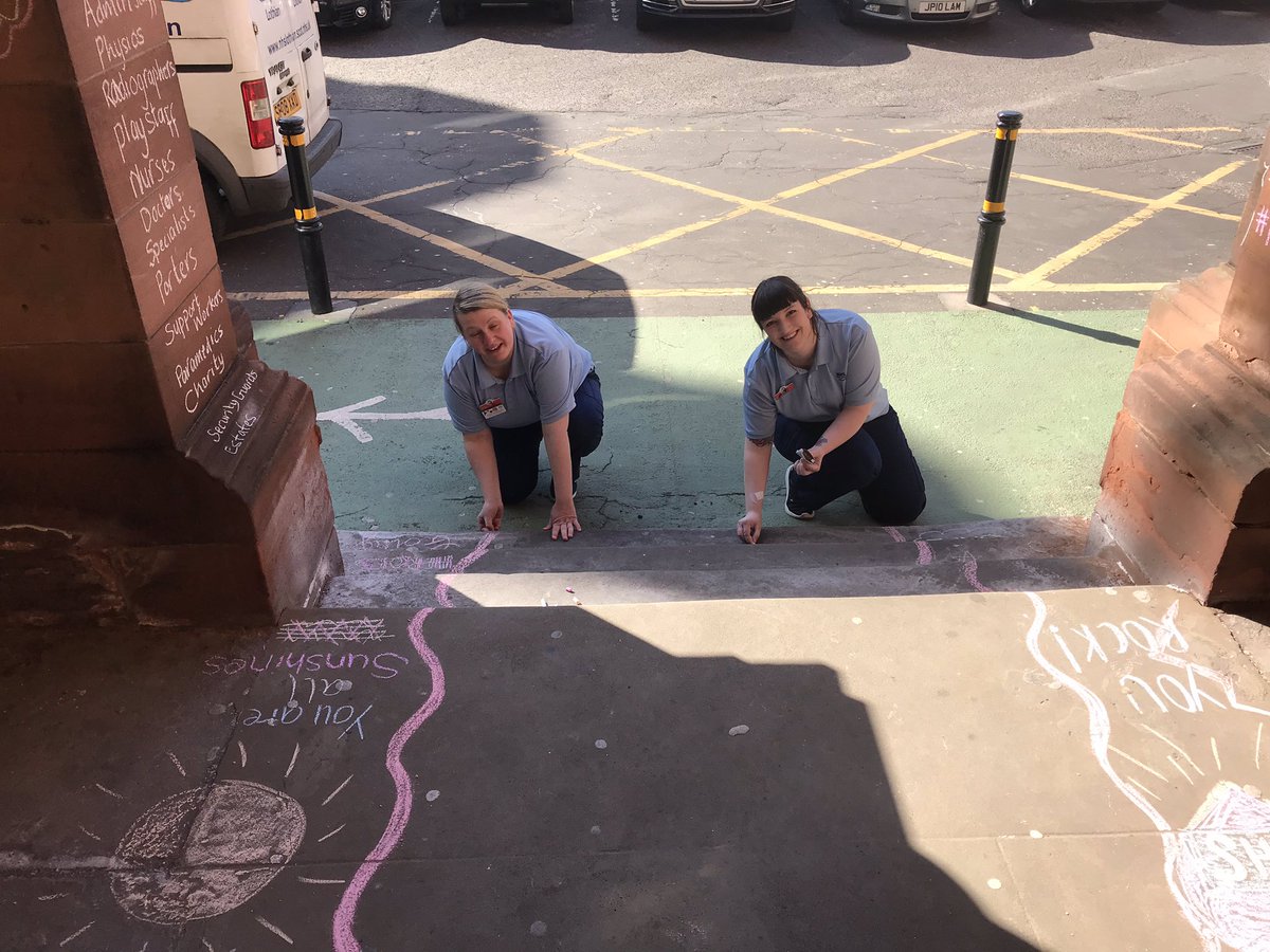 neely_r's tweet photo. The fabulous RHSC Play Team spread some positivity today by chalking messages on the front steps and entrance of the hospital. So happy to see @echcharity get a mention! #TeamRHSC #TeamECHC #Edinburgh https://t.co/VgZTR4XvaX