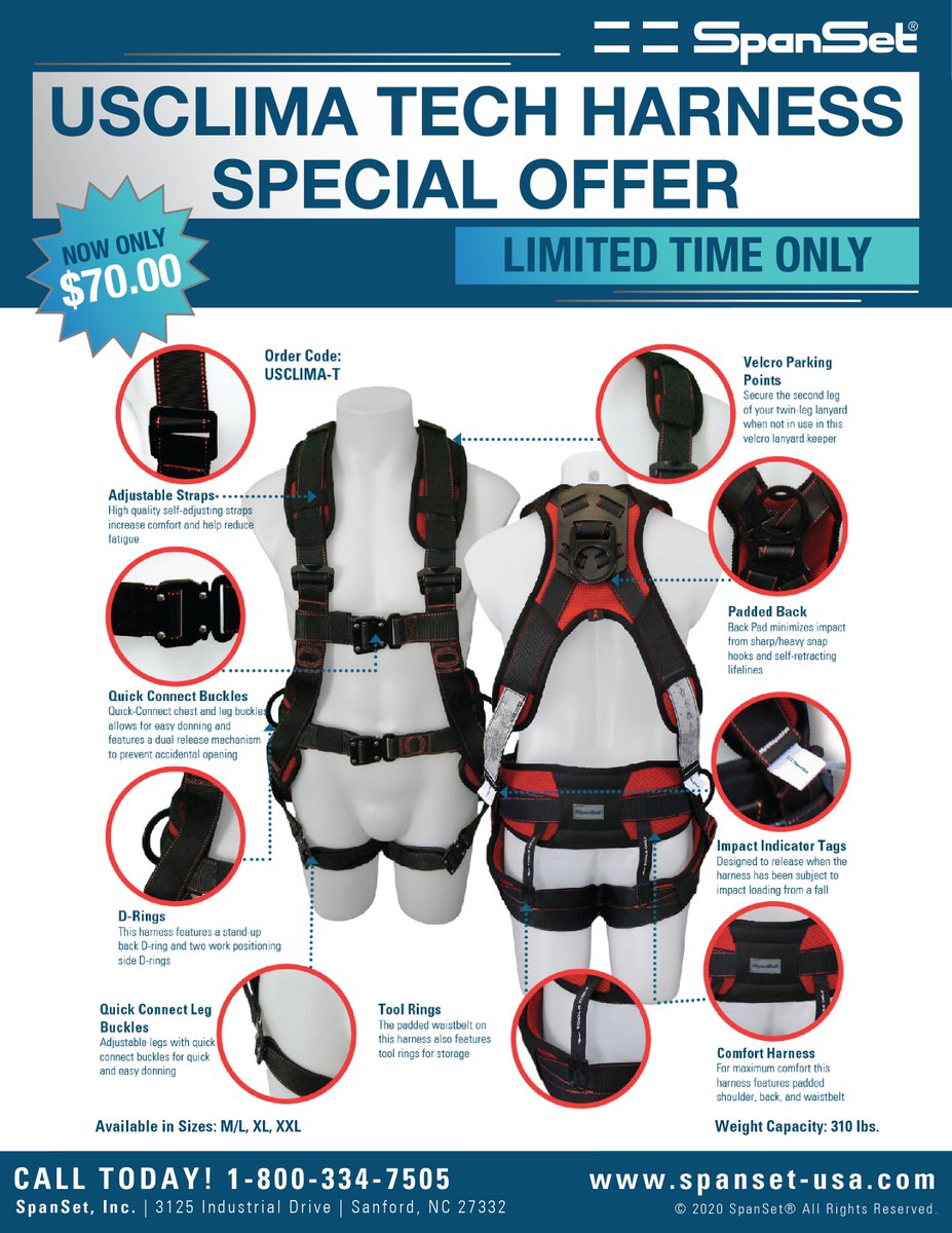 spansetusa's tweet photo. USCLIMA Tech Harness Special Offer! Available for a limited time only! Call 1-800-334-7505 to order today! Visit our website at https://t.co/KjSgEsV1z1 to find out more about the products and services we offer! #spanset #spansetusa #fallprotection #specialoffer #safetyharness https://t.co/ATfUyoDKmZ