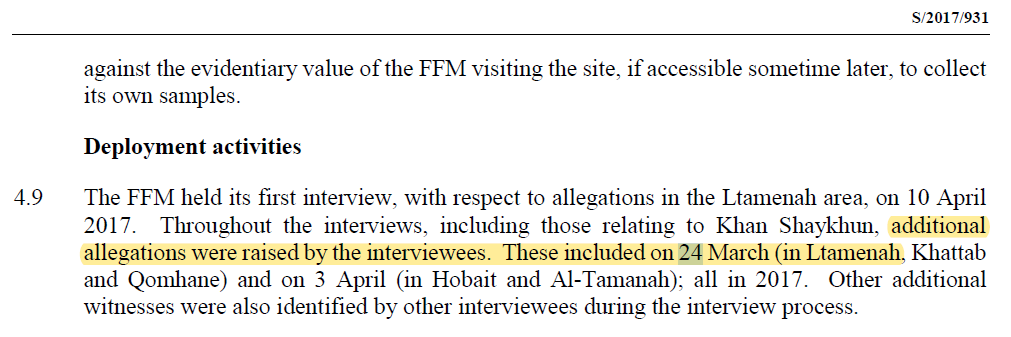 No one had ever heard of this alleged sarin attack until the OPCW March 30 report on November 6, 2017 mentioned that it was heard during the interviews.It should be noted that this report showed two pieces of evidence which are now attributed by IIT to 24 March. What???