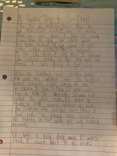 AmyEBurgess's tweet photo. Ava wrote a narrative about a family visiting an amusement park! Great job Ava!! 🎢😊📝✏️🎢 #TeamDCS @TweetDCS_LES https://t.co/gwqPUwASf4
