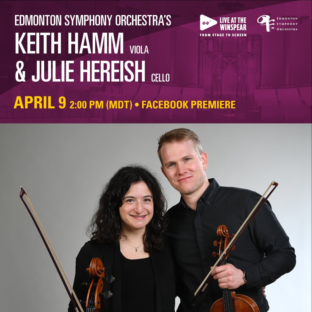 Good news! Our second streamed concert is April 9 at 2 PM on the ESO FB page. Featuring ESO musicians Keith Hamm (Principal viola) and Julie Hereish (Assistant Principal cello). Don't miss this stunning duet - they're married so it's ok! #MusicConnectsUs bit.ly/2XjqIc7