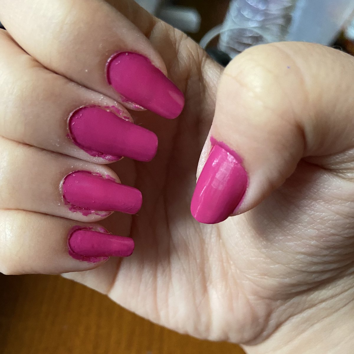 I tried glittery polish but I hate when you can still see the nail bed even after multiple coats so I took it off and switched to fuchsia :)