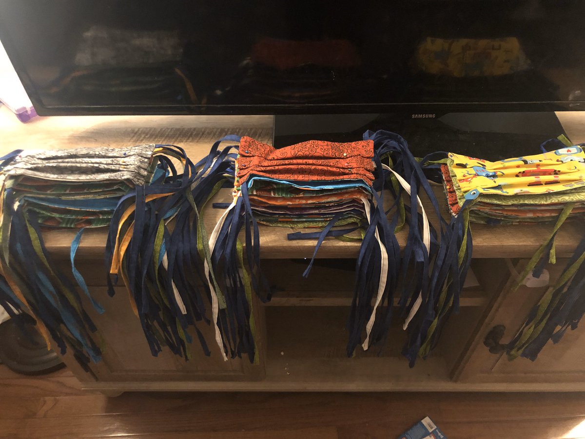 BookyBaucum's tweet photo. My wrist hurts. My back hurts. But my heart is full. Since Friday night I got the family on board and we have been able to make 80 masks to send out! There is more fabric ready to go on my ironing board. Who wants to buy me a new Rowenta after this. #makerswithacause https://t.co/aHCve8N0bS